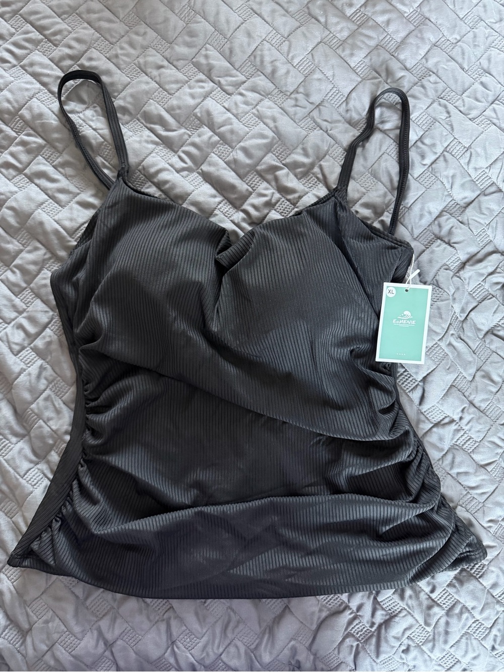 NWT EoMenie Black Ribbed Ruched Tankini Swim Top Size XL